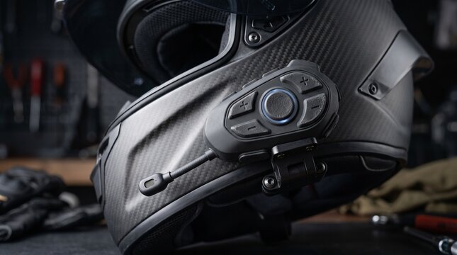 Close-up of a Cardo Packtalk Neo Bluetooth Communication System on a Carbon Fiber Motorcycle Helmet