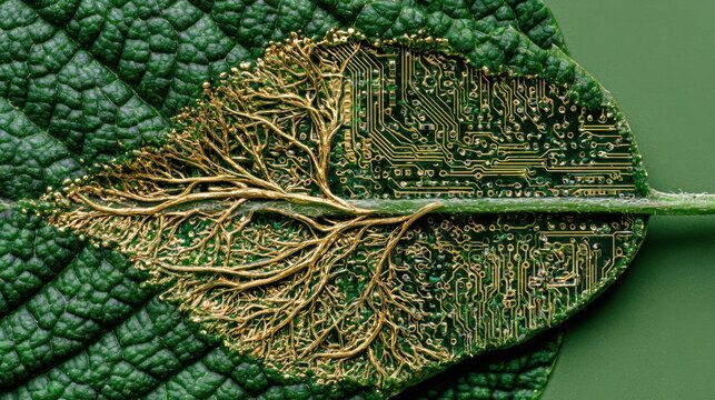 Macro of a green leaf with integrated golden circuit board patterns and tree roots