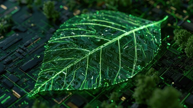 Glowing green circuit board leaf symbolizing sustainable technology and nature