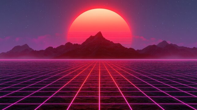 Retro futuristic sunset over mountains with neon grid landscape