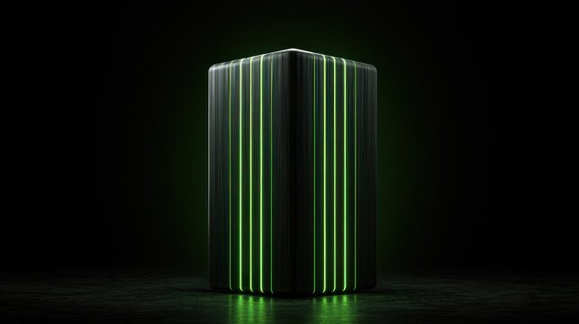 Futuristic black cylinder with vertical neon green lights on dark textured surface
