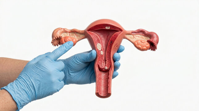 Medical model uterus, ovaries, fallopian tubes with doctor's hand