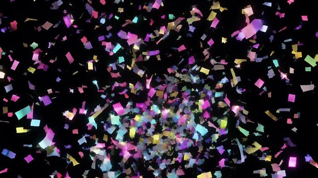 A cascade of colorful confetti falls against a black background.