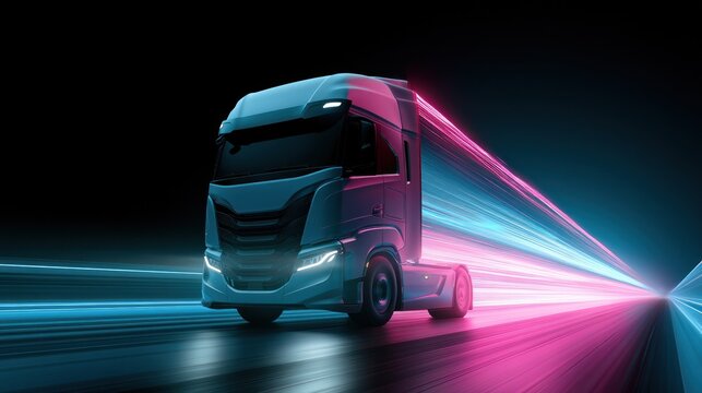 Futuristic semi truck speeding through neon light trails