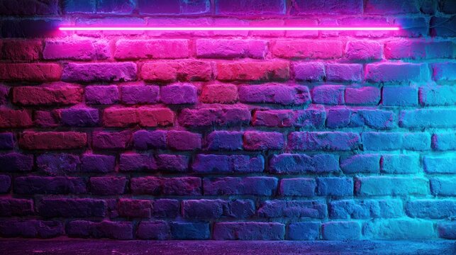 Rough brick wall illuminated by vibrant pink and blue neon lights