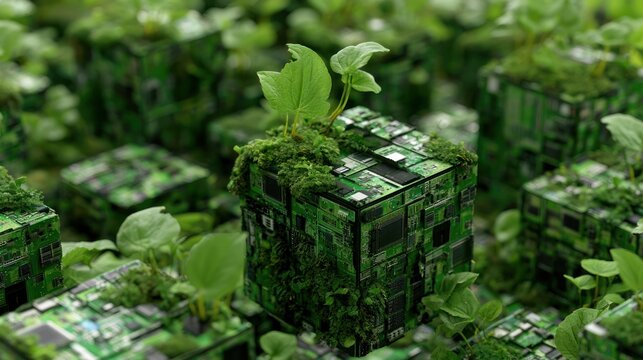 Green circuit boards cubes growing plants in nature