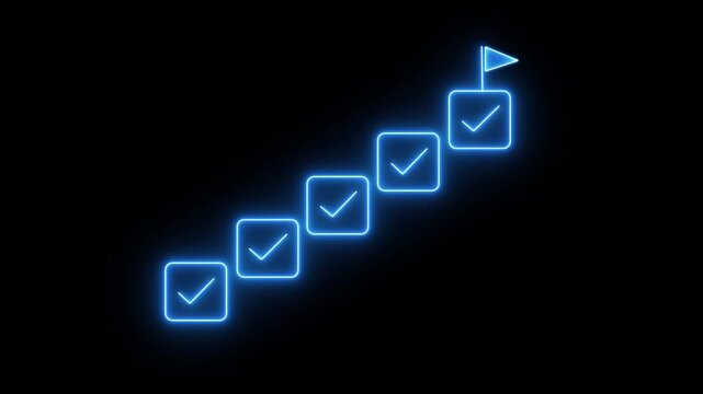 glowing neon Businessman touching glowing virtual steps with checkmarks reaching success, business success, strong leadership animation 4k video