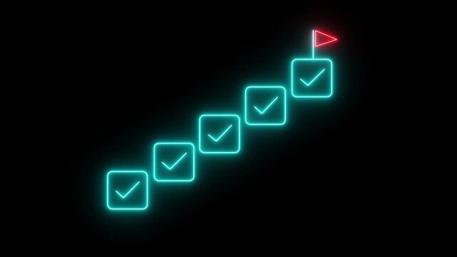 glowing neon Businessman touching glowing virtual steps with checkmarks reaching success, business success, strong leadership animation 4k video