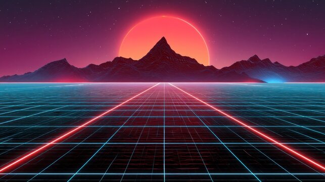 Retrofuturistic landscape with neon grid mountains and glowing sunset