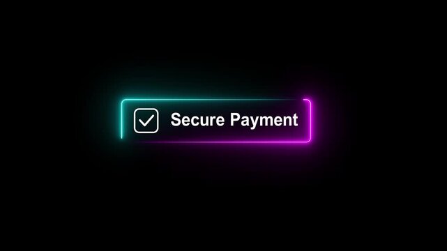 glowing neon secure payment checkmark icon animation floating showing transaction security and digital wallet safety black background. 4k video