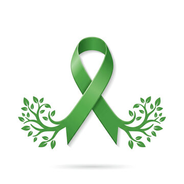 Clean modern awareness-day graphic with a central green ribbon formed into a loop, ribbon tails extending into stylized tree branches, and bold typography on pure white background