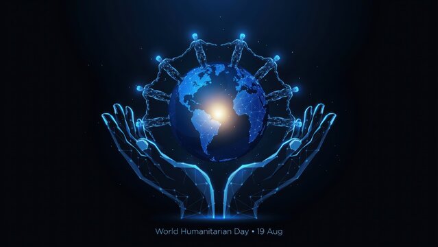 Glowing hands holding earth concept for World Humanitarian Day.
