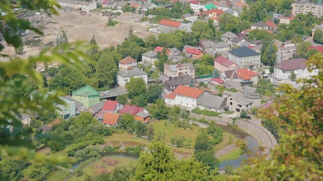 Aerial Panorama of Khust Town with Carpathian Mountains, Ukraine