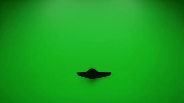 A sleek black curved object rests on a vibrant green background.