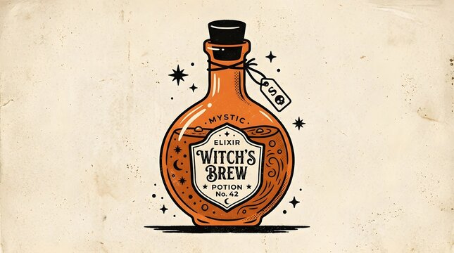 mystic witch's brew elixir bottle with potion no 42 label, vintage halloween magic drink illustration.