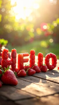 Fresh Strawberries Form the Word Hello on a Wooden Table.