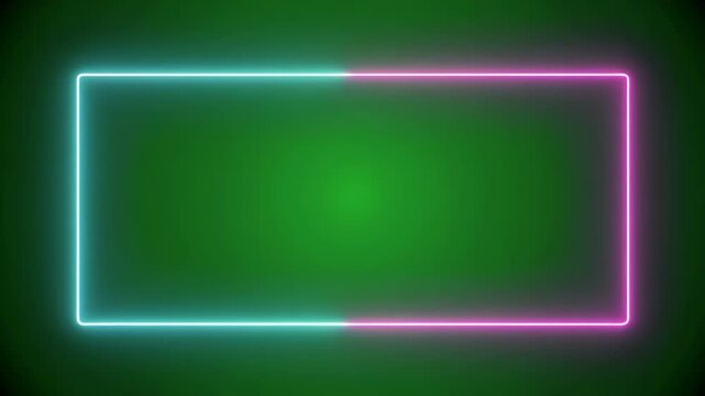 A bright neon rectangle with cyan and pink lights borders a green gradient background.