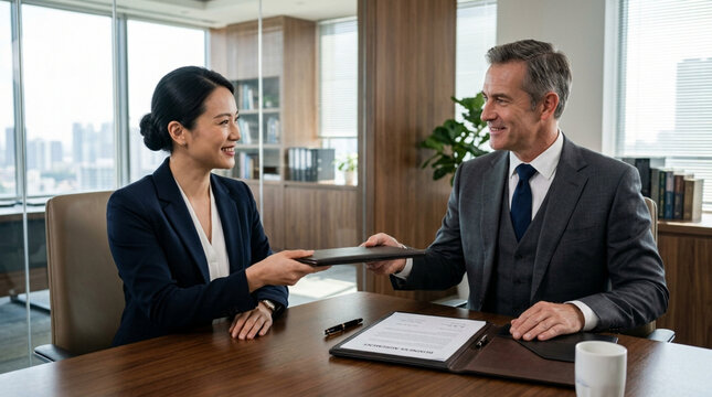 Business professionals exchanging document at office desk, colleagues meeting, success, cooperation.