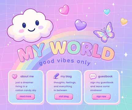 Y2K Retro My World Web Interface with Cute Cloud, Rainbow Hearts, Butterfly and Personal Profile Windows