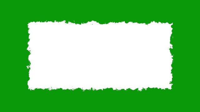 Animated white grunge paper frame overlay on green screen background, border torn