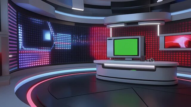 A futuristic news studio with a green screen monitor and dynamic lighting.
