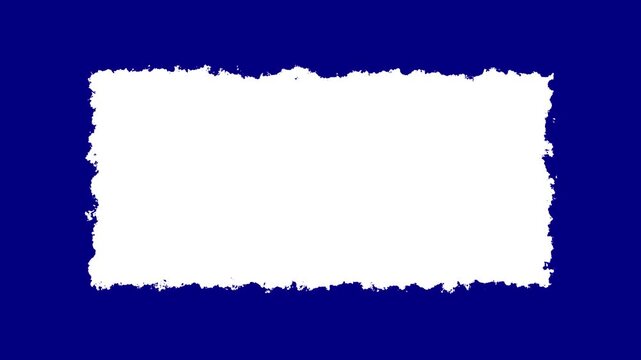 Dynamic white rectangular frame with rough edges on blue background, for motion border, rectangle