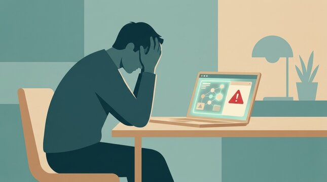 Stressed businessman using laptop with error warning vector illustration