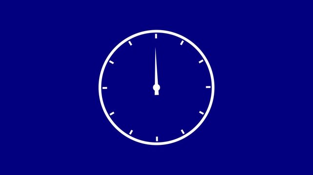 Minimalist analog clock face animation on blue background, seamless time passing loop watch countdown