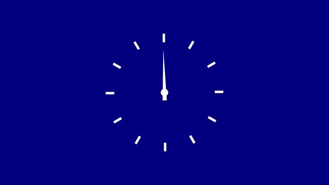 Minimalist analog clock face animation with rotating hands on blue background, time watch countdown motion