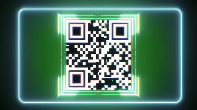 A QR code is centered on a green background with a neon pink border.
