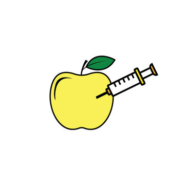 Flat Vector Yellow Apple with Syringe Injection Icon for GMO and Biotechnology Concepts