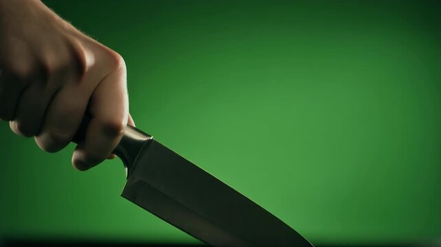 A hand holding a sharp chef's knife against a green background.
