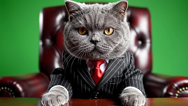 A serious cat dressed in a pinstripe suit and red tie sitting like a business executive at a wooden desk in an office