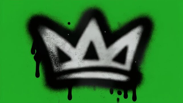 A spray-painted crown graphic on a green background.