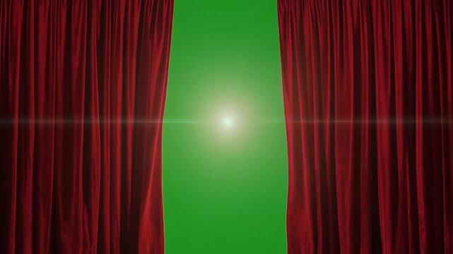 Red curtains part to reveal a bright light.