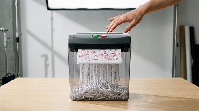 Paper shredded in office document shredder machine with hand feeding paper
