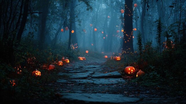 Pumpkins with carved faces glow along a dark forest path during a misty autumn evening scene.
