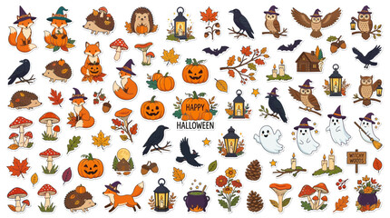 Obraz premium Happy Halloween vector collection, vintage autumn spice animals, cute fox hedgehog owl witch ghost pumpkin icons, hand drawn Thanksgiving elements isolated on White Background Editable EPS