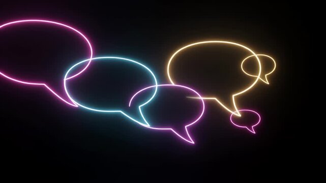 Glowing neon speech bubbles on a dark background.