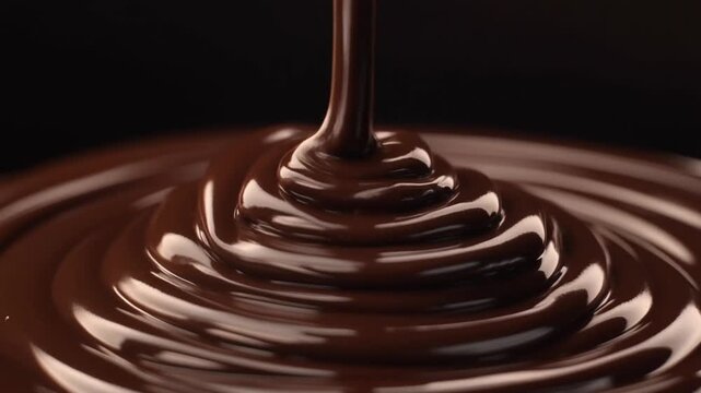 Glossy dark ganache folding into smooth ribbons