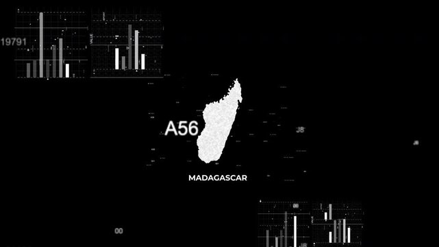 Madagascar map animation showcasing economy, infrastructure, technology, population, energy, trade, and national development data for presentations, films, documentaries, and motion graphics.
