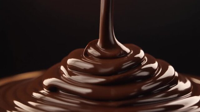 Glossy dark ganache folds into smooth ribbons as it pours and pools, with warm angled lighting emphasizing rich cocoa gloss against a near-black background in cinematic macro motion.