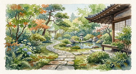 Fototapeta premium Japanese Garden with Traditional House, Stone Path and Pond, Watercolor Illustration