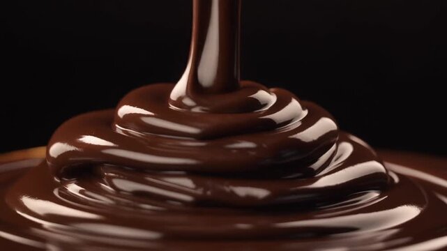 Glossy dark ganache folds into smooth ribbons as it pours and pools, with warm angled lighting emphasizing rich cocoa gloss against a near-black background in cinematic macro motion.