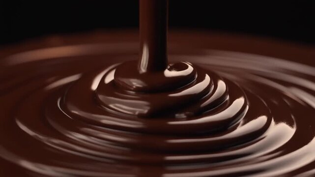 Glossy dark ganache folds into smooth ribbons as it pours and pools, with warm angled lighting emphasizing rich cocoa gloss against a near-black background in cinematic macro motion.