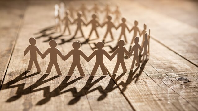 Paper chain of cutout people holding hands on a rustic wooden background, symbolizing unity