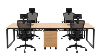 Fototapeta premium Modern office workstation with four mesh chairs, wooden desk with black metal legs, professional coworking furniture on white background