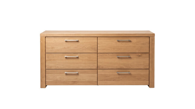 Modern oak dresser with six drawers, light wood sideboard for bedroom storage, contemporary wooden chest of drawers on white background