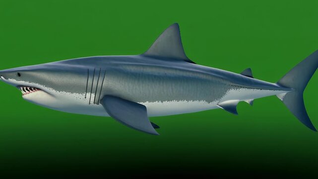 A detailed front view of a menacing great white shark with its mouth open and teeth bared against a vibrant green backdrop.
