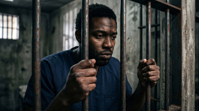 Young male prisoner holding prison bars with serious expression, dramatic low-key lighting, concrete walls and heavy steel textures. Incarceration portrait concept